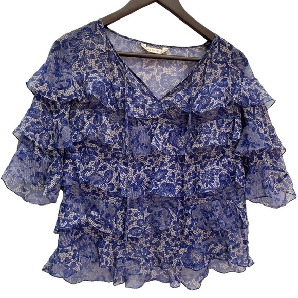 Rebecca Taylor Blue Silk Short Sleeve Ruffle Tie Front Blouse Size S - Picture 3 of 10